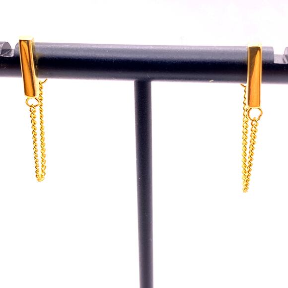 Vermeil Bar and Dangle Chain Earrings 10K Gold Over 925 Sterling Silver Dainty - Picture 1 of 7